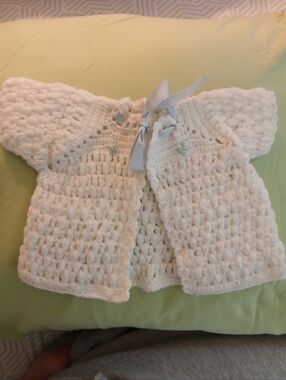 Handmade Crochet Jacket for Newborn  Embroidered Blue Flowers Ribbon Tie